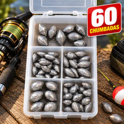 Kit Chumbada Oliva para Pesca 60un com Caixa Organizadora Pesca Fundo Rio Lago Pesqueiro