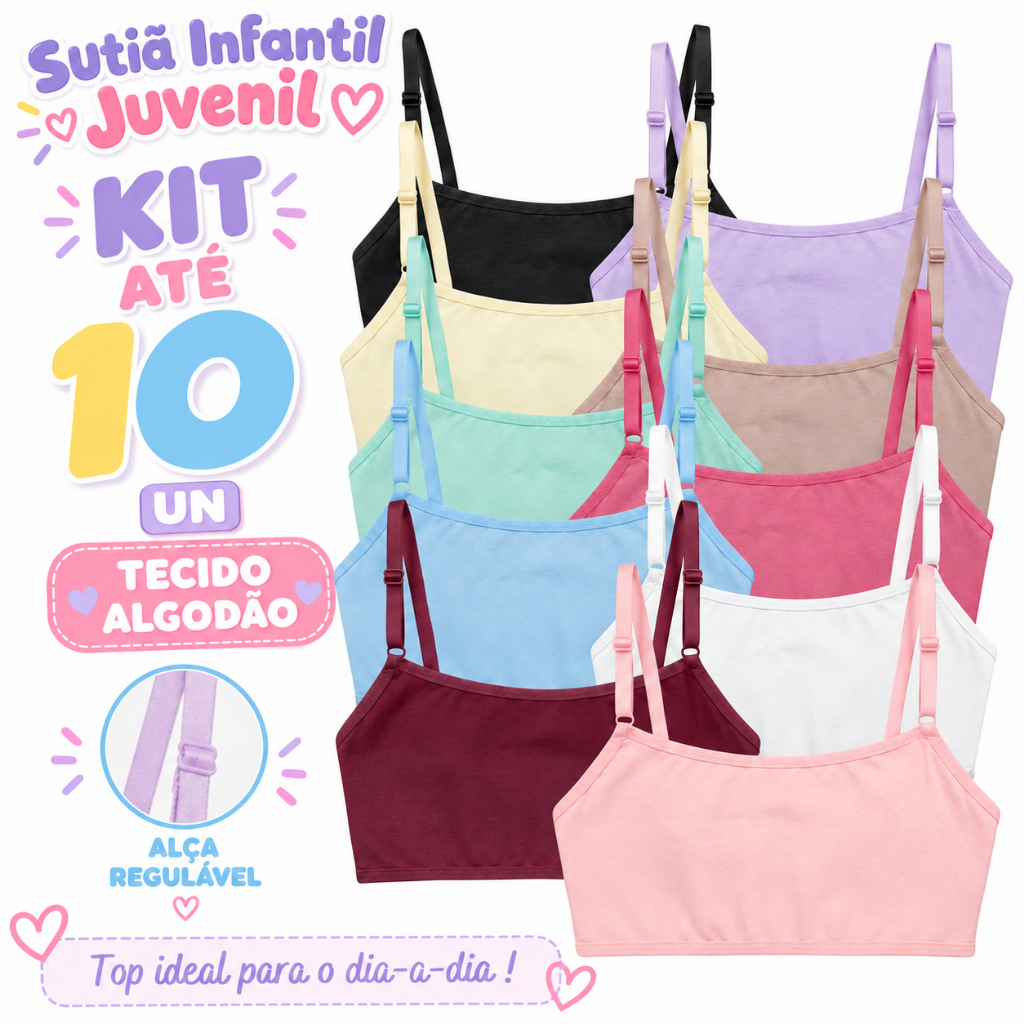 Kit Sutiã Algodão Liso Básico Infantil Juvenil Maya Conforto Qualidade Regulável Menina Dia A Dia