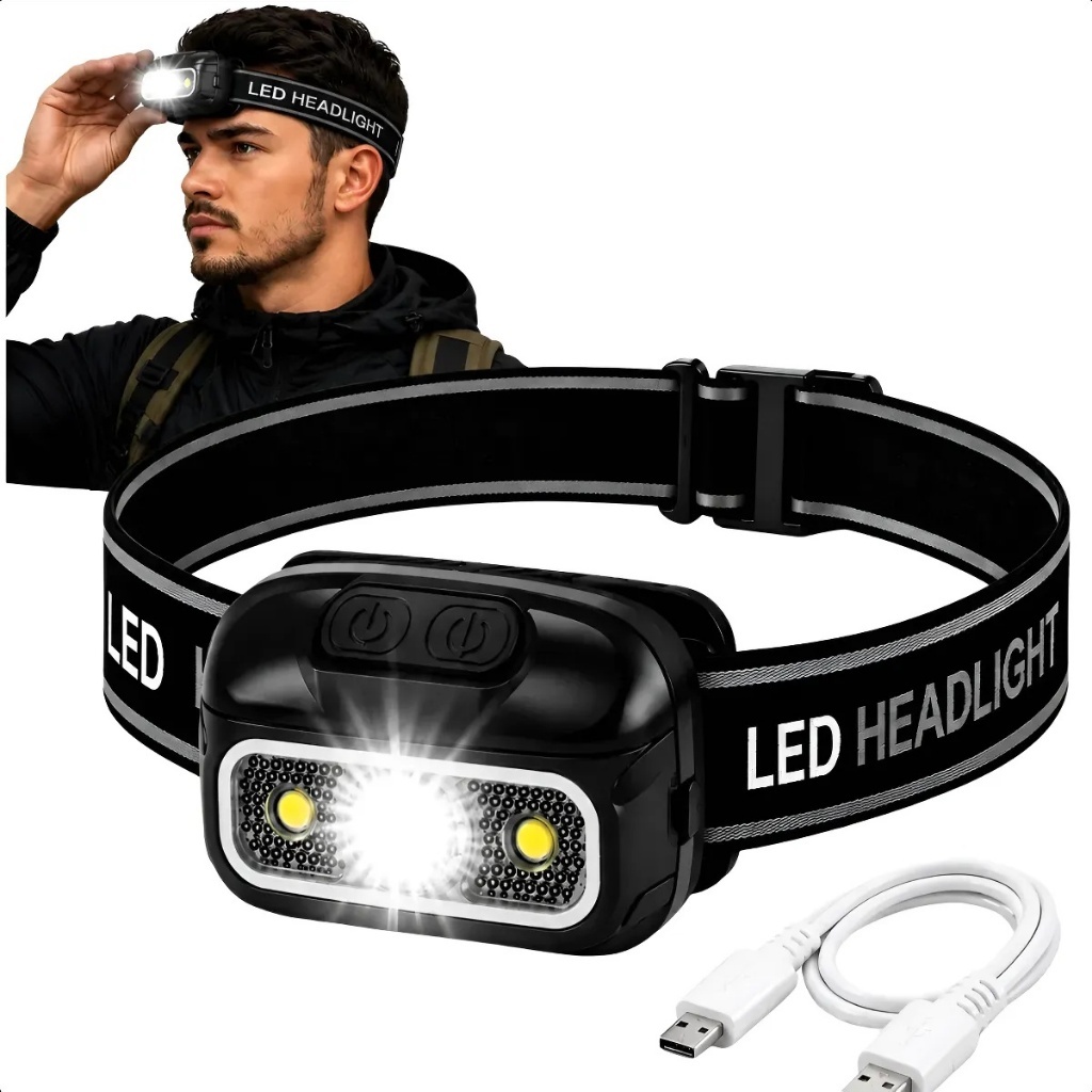 Lanterna De Cabeça Tática Recarregável Led Potente Prova D'água Com Sensor Acampamento Pesca Caminhada Corrida