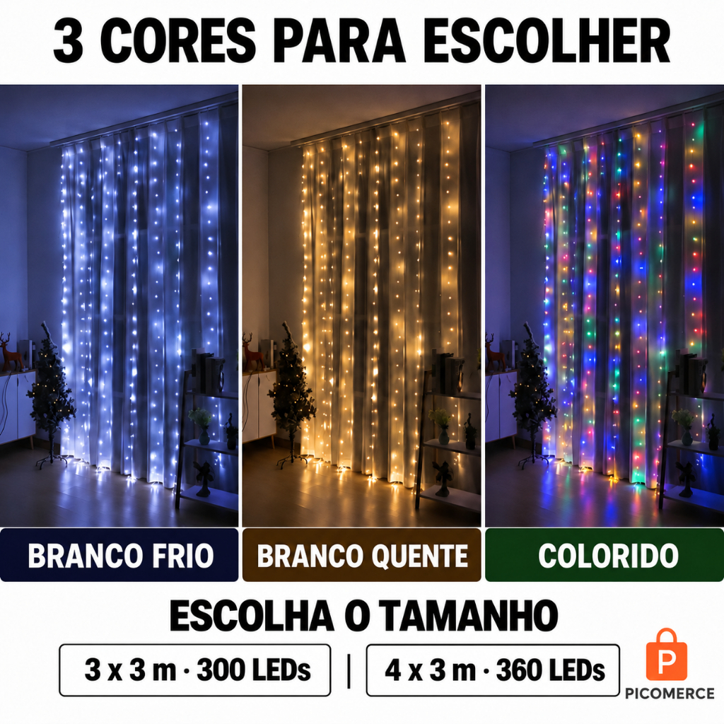 Cortina de Led Luz USB 3x3m 300 LEDs ou 4x3m 360 LEDs com Controle Remoto Quente Frio ou Colorido