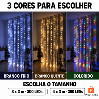 Cortina de Led Luz USB 3x3m 300 LEDs ou 4x3m 360 LEDs com Controle Remoto Quente Frio ou Colorido