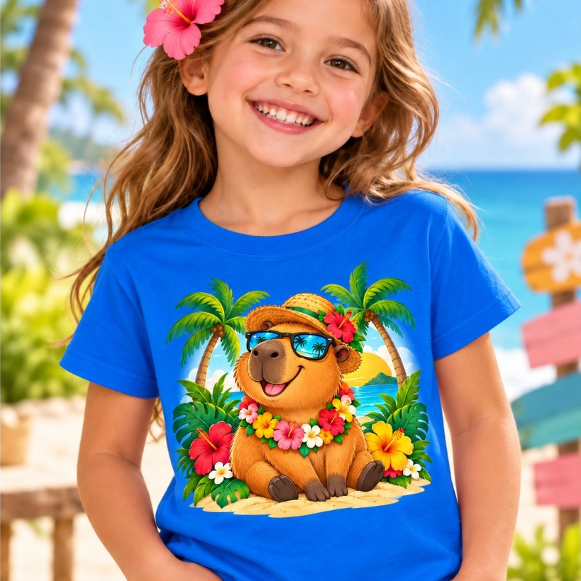 Camiseta infantil menina capivara havaina festa tematica colorida 100% Algodão não penica confortavel