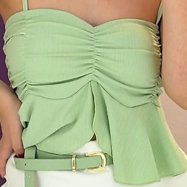 Blusa Feminina Cropped Com Babado E Busto Franzido Modelo Casual Alças Finas Blogueira Verão Tendencia