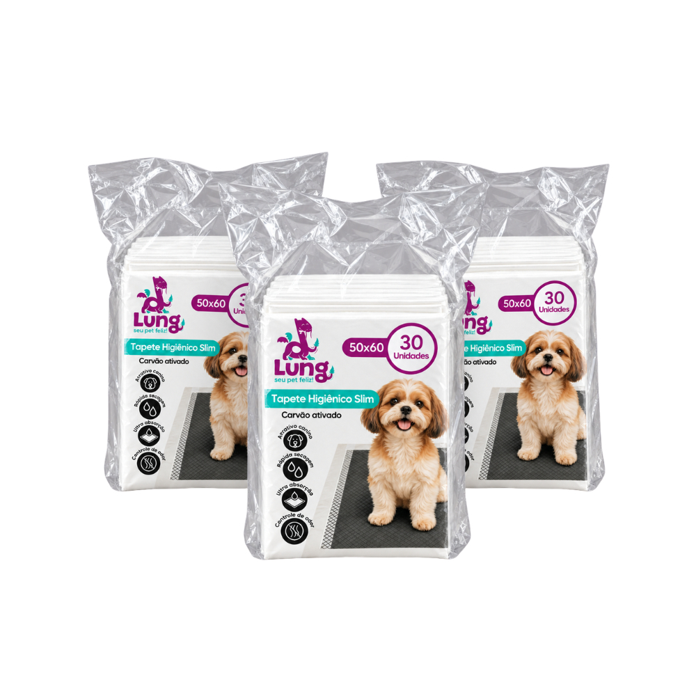 Kit 3 Tapete Higienico Slim Carvão Ativado 50x60 90un p/ Cachorro Cães Pet Borda Colante Seca Rápido