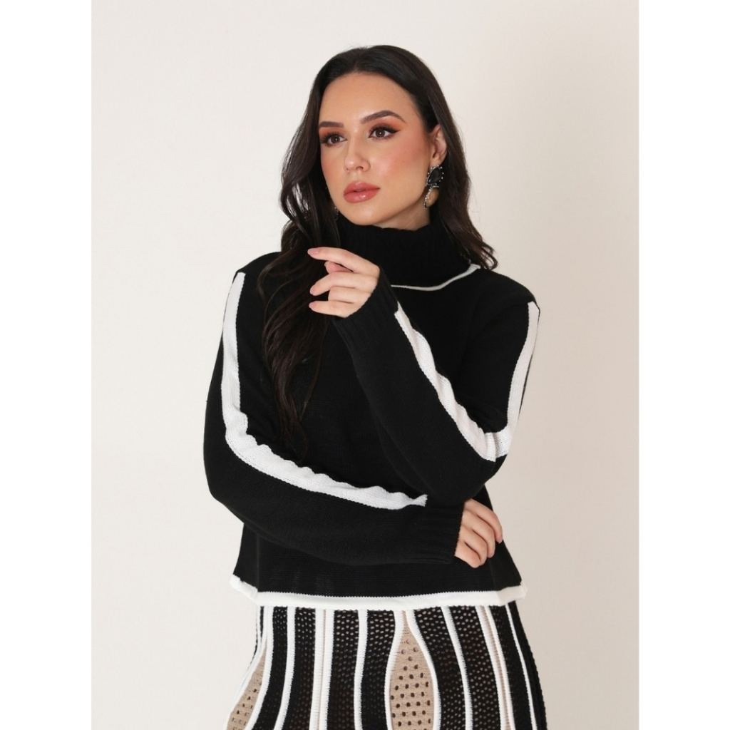 Blusa De Frio Cacharrel Feminina Tricot Tricô Canelada Lã Gola Alta Manga Longa Inverno Quente