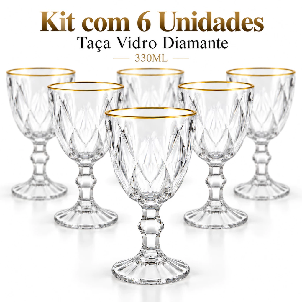 Kit 6 Taça de Vidro Diamante 330ml Facetada Vinho Elegante