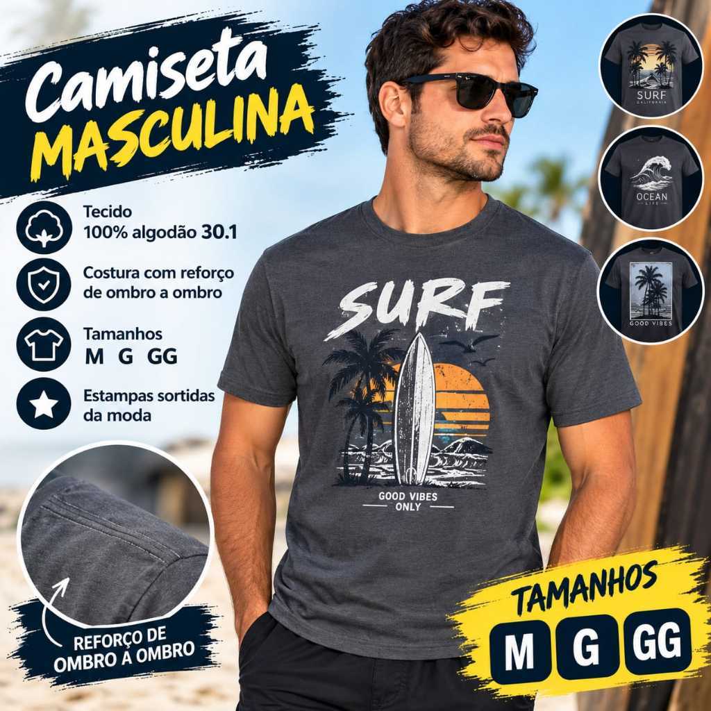 Camiseta Masculina 100% Algodão estampas sortidas , Tamanhos P M G GG