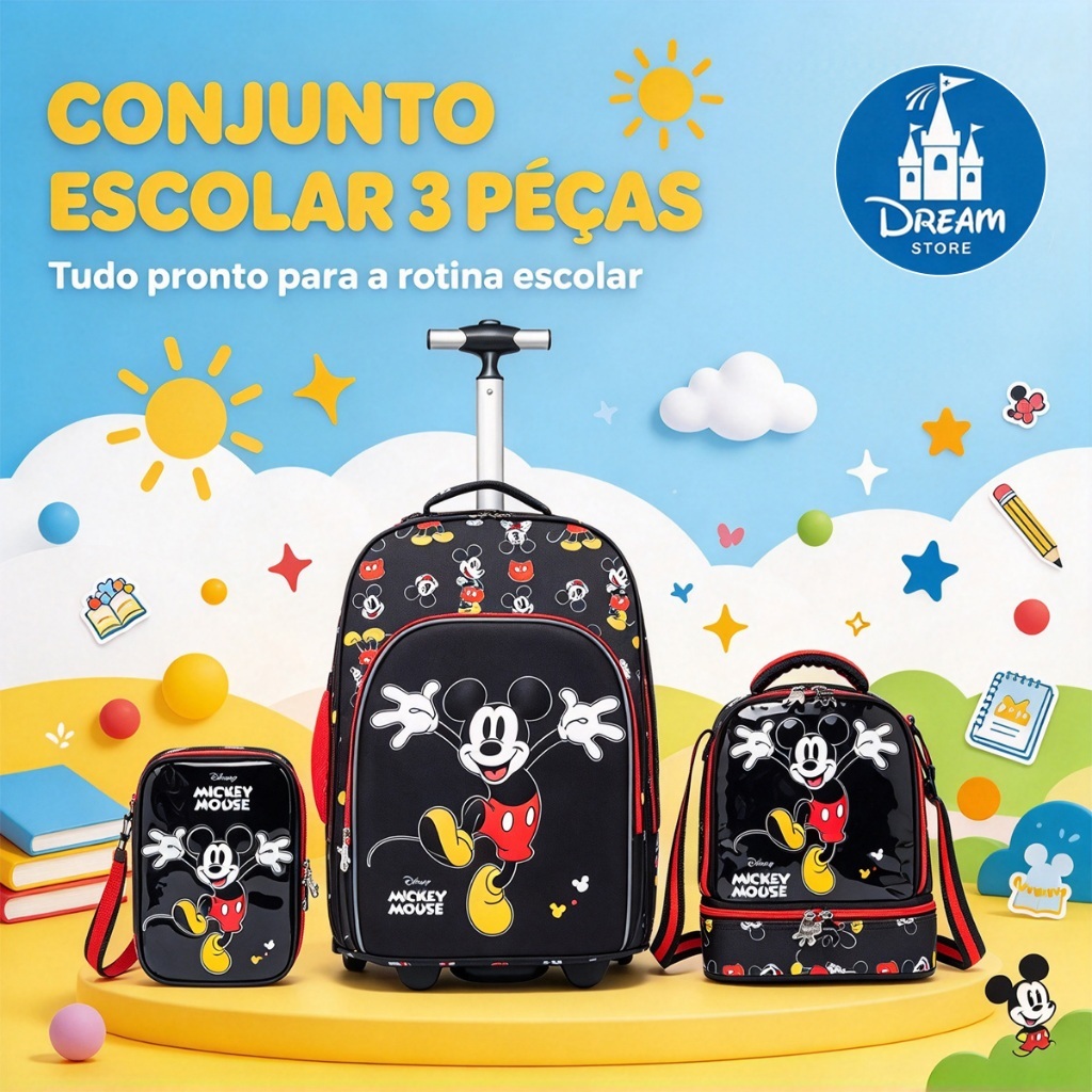 Imagem Kit Mochila Rodinhas Lancheira Estojo Mickey Mouse Escolar Infantil