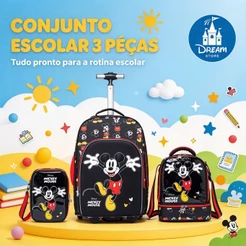 Kit Mochila Rodinhas Lancheira Estojo Mickey Mouse Escolar Infantil