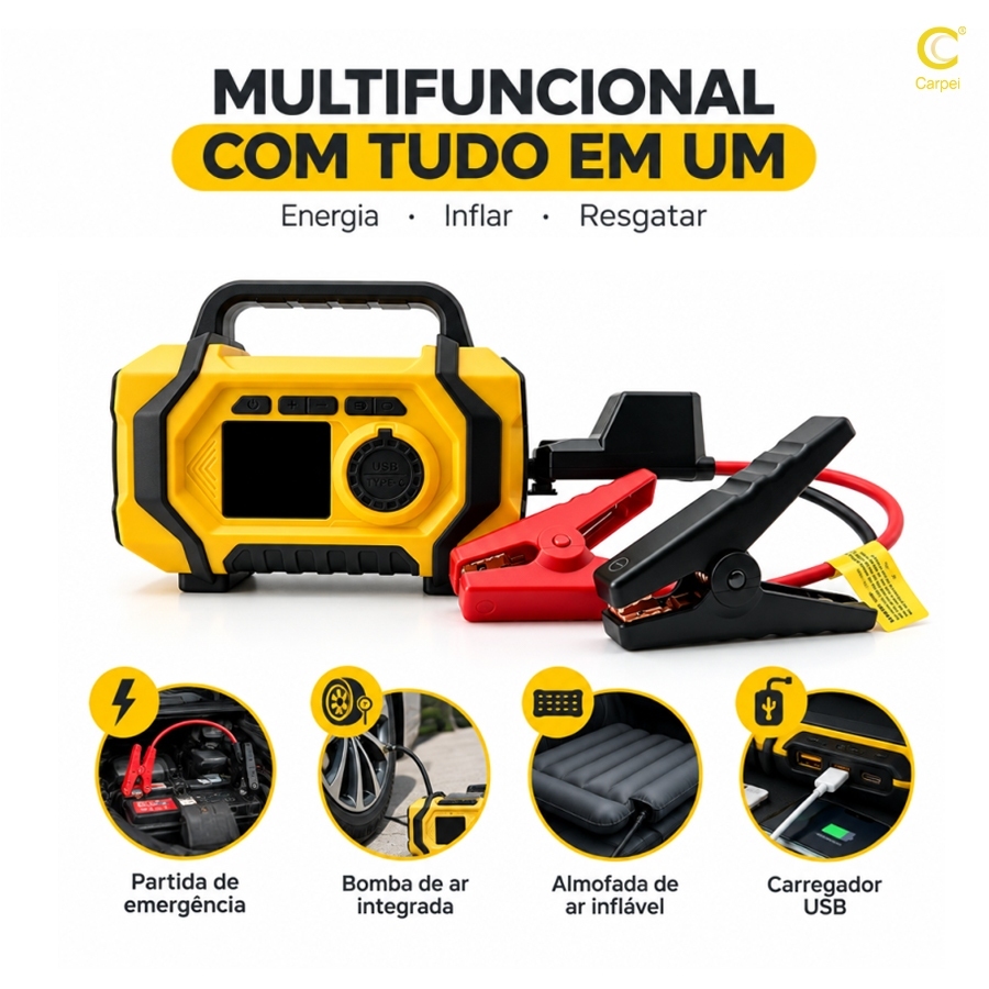 5 em 1 Auxiliador de Partida Compressor Ar PowerBank Led 8000 mAh 3500 Pa 6 Funções Carro Carpei