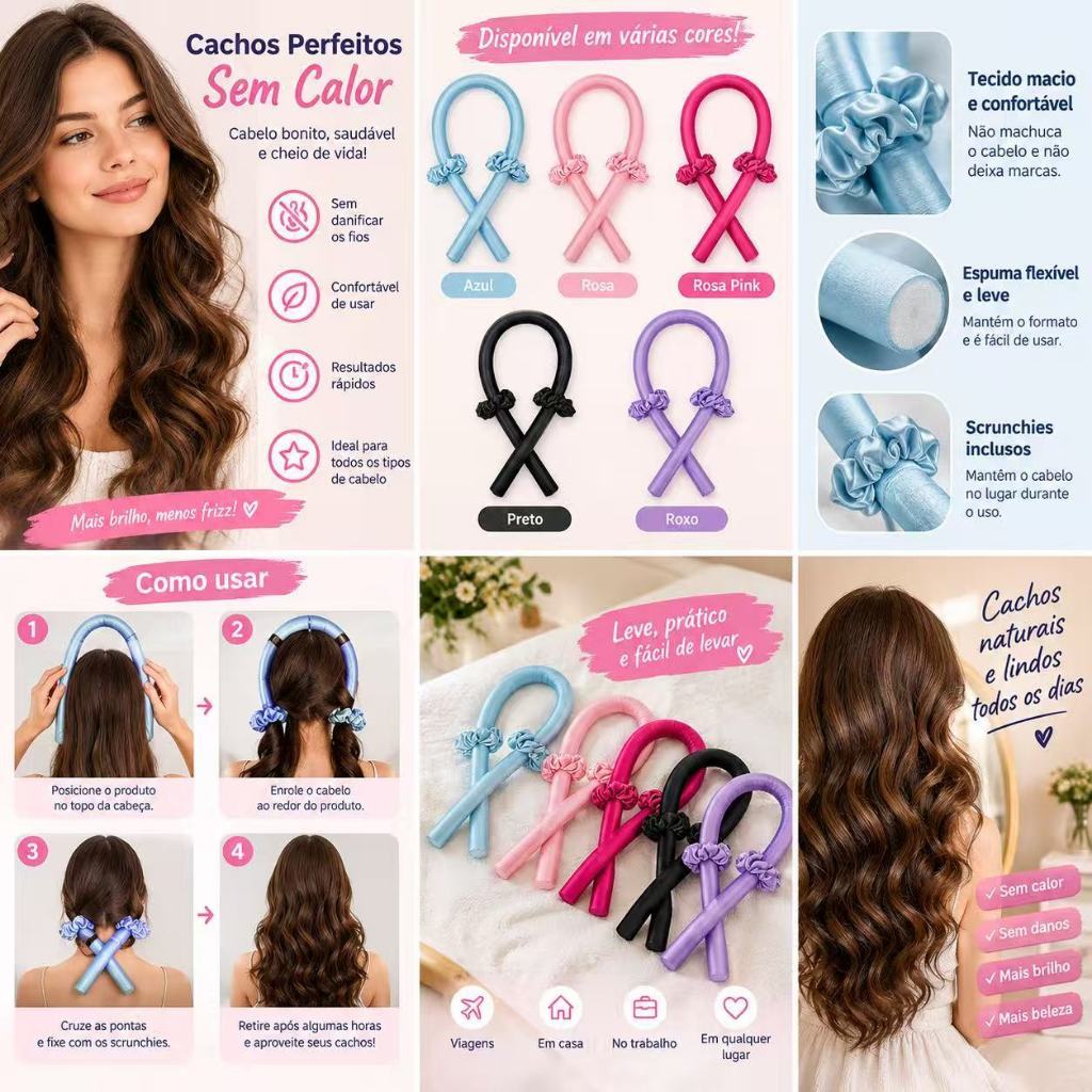 ATACADO - 5  PCS  Modelador De Cachos Sem Calor Em Cetim Para Ondas Naturais Uso Noturno Com Elásticos Inclusos