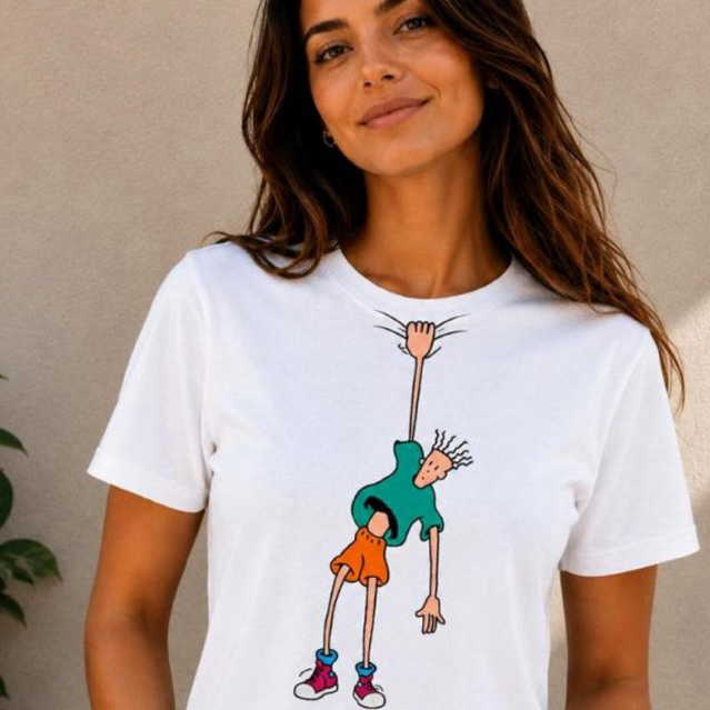 Camiseta Feminina Estampada Personagem Pendurado Divertida Casual Confortável
