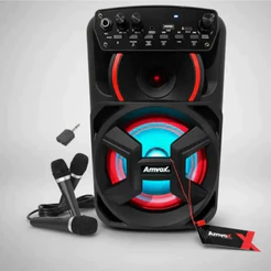 Amvox Caixa Som Amplificada Karaokê ACA 181 Gigante 180w Com Dois Mic C/Fio FM Bluetooth Festa