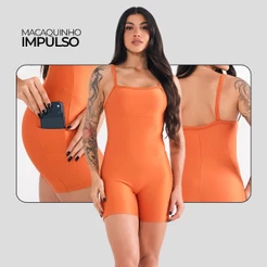 Macaquinho Impulso Fitness Com Bolsos Compressão Tecido Canelado Confort Modelador Academia Treino Corrida