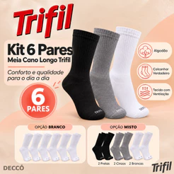 Kit com 6 Pares de Meias Modelo Cano Longo Trifil Sport Lisa Básica Calcanhar Verdadeiro Esportiva