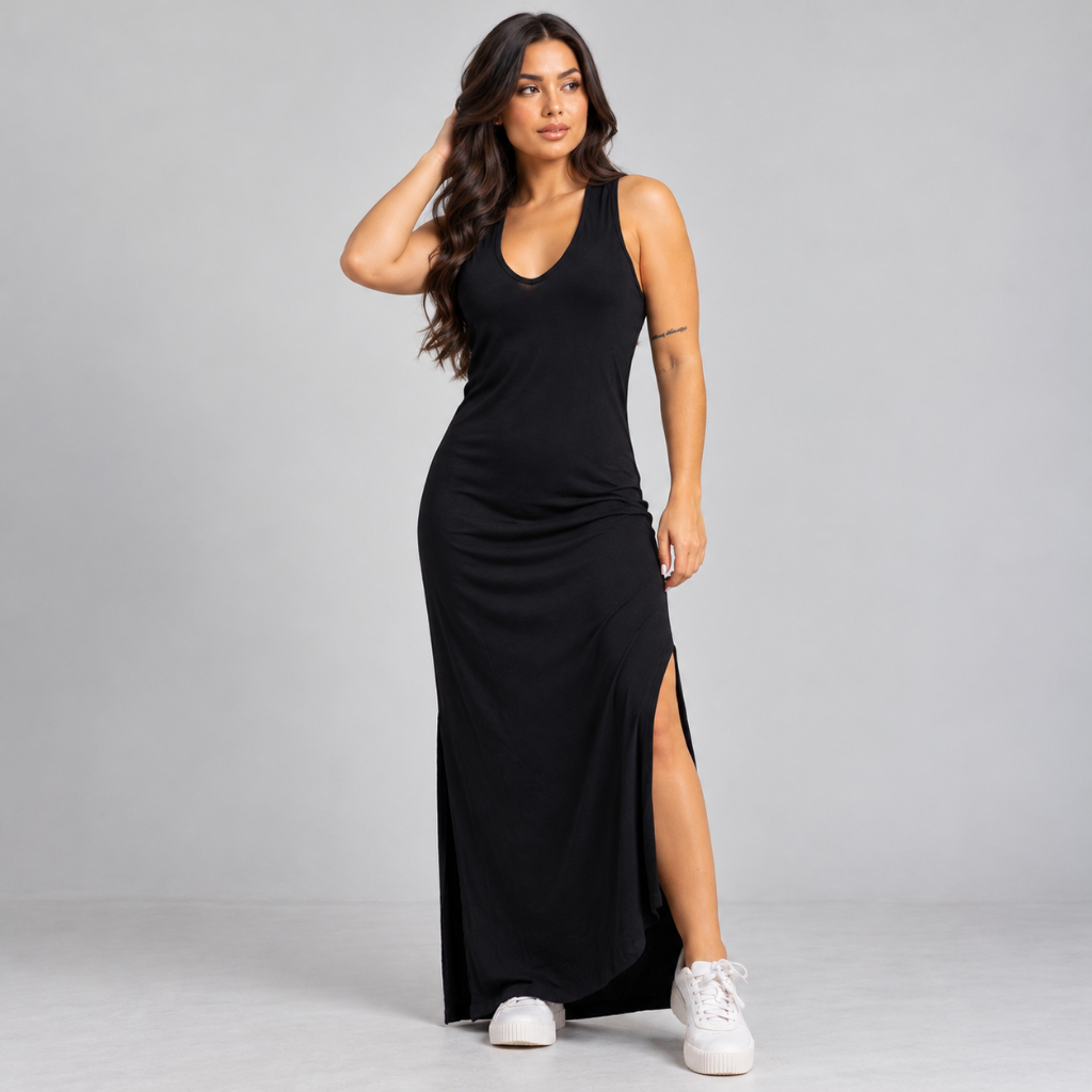 Vivah Vestido Longo Com Fenda Regata Liso Viscolycra Soltinho Feminino