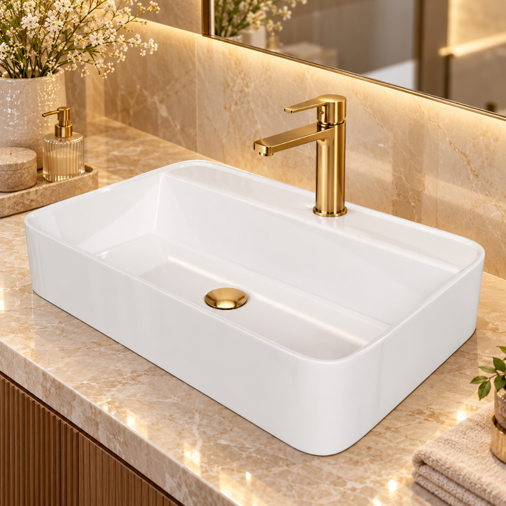 Cuba De Apoio Topázio Grande 60x40 Branca Luxo Mármore Sintético Banheiro Lavabo Movelove