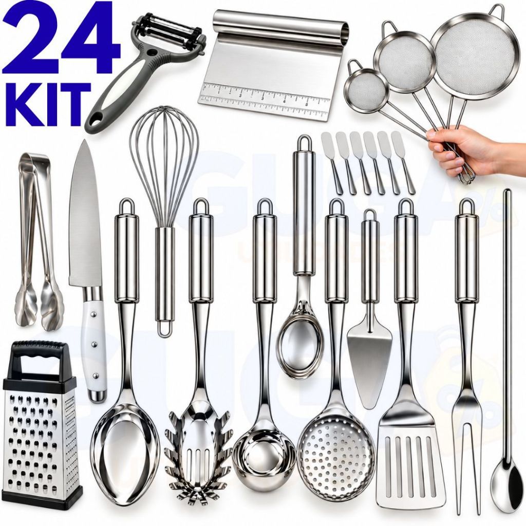 Kit Utensílios de Cozinha 5 6 8 9 10 Ou 24 Peças Concha Colher Arroz Escumadeira Pegador Garfo Espátula