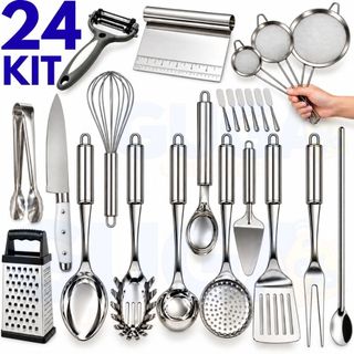 Kit Utensílios de Cozinha 5 6 8 9 10 Ou 24 Peças Concha Colher Arroz Escumadeira Pegador Garfo Espátula