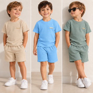Conjunto Infantil Juvenil Meninos Masculino Roupa Infatil Waffle Camiseta e Short Bermuda Verão Verde Azul Bege