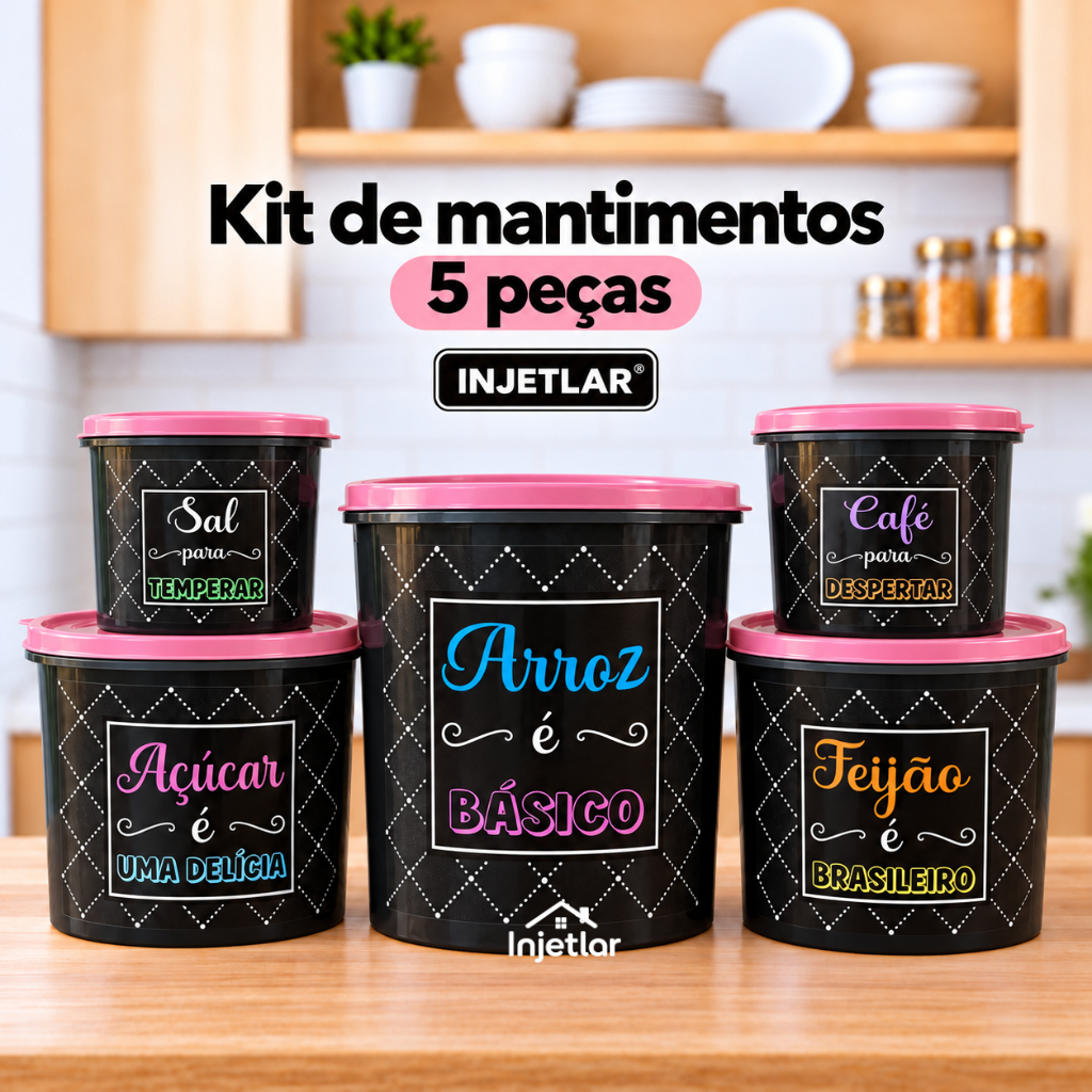 Kit Mantimentos com 5 Potes Herméticos em Plástico Resistente para Cozinha