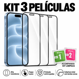 Kit 3 pelicula de vidro temperado 3D 9H peliculas iPhone 11 12 13 14 15 16 17 18 Air Pro Max Plus