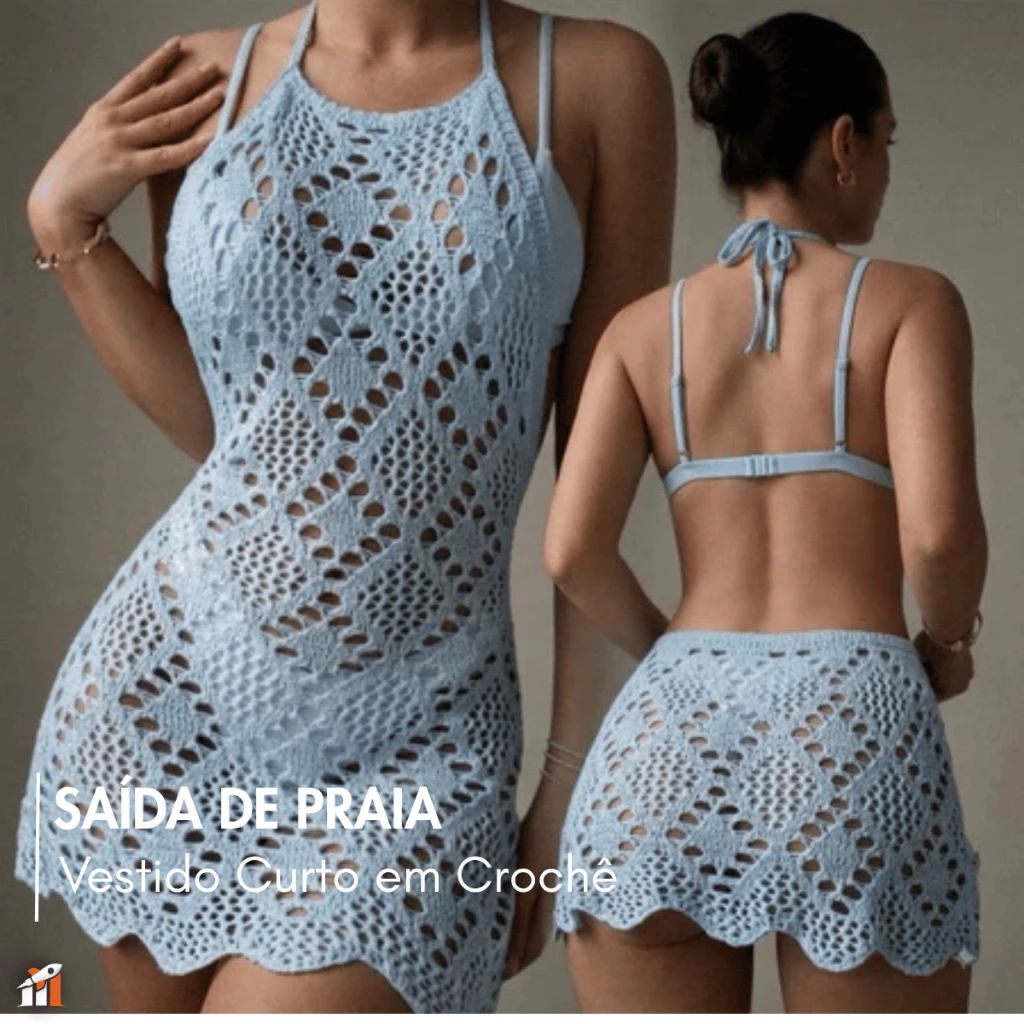 Saída de Praia Feminina Vestido Curto em Crochê Rendada Vazado Frente Única com Amarração Verão — imagem 1