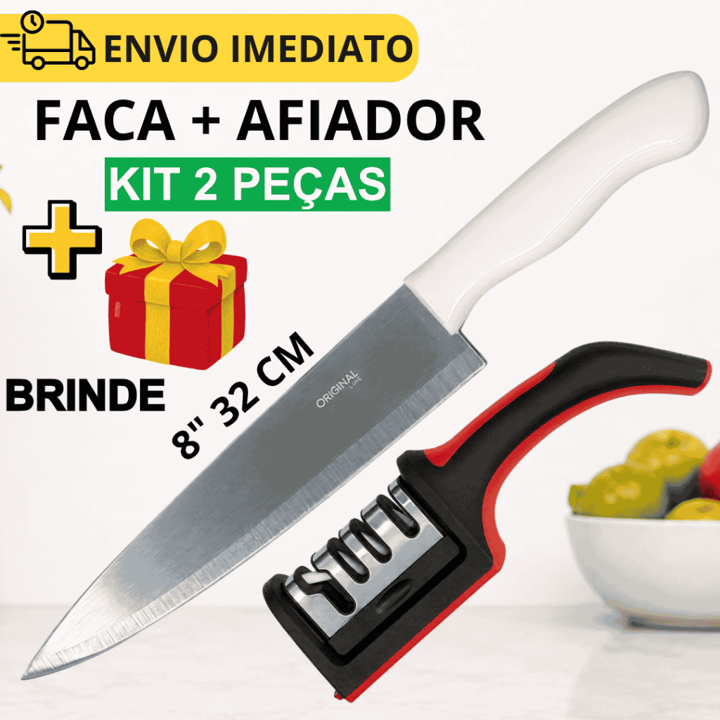 Faca de Cozinha + Afiador Amolador Tábua de Carne Pegador Pinça Inox Salada Massa Cozinha Multiuso