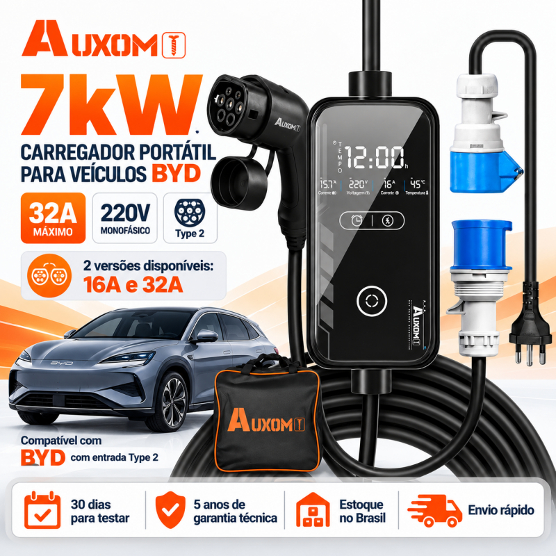 Carregador Carro Elétrico Tipo 2 AUXOM para BYD Dolphin Mini Dolphin Song Pro 7kW 32A 220V Cabo 5m