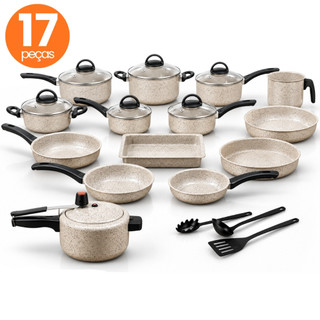 Jogo De Panelas Antiaderente 17 Peças Com Panela De Pressão 3L Conjunto Kit Teflon Tampa de Vidro Panela Cozinha