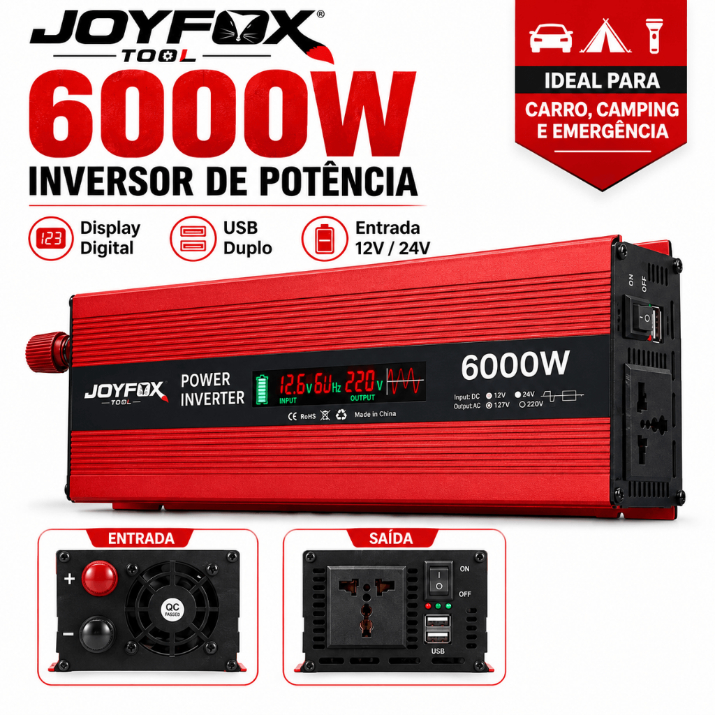 JOYFOX Inversor de Tensão 6000W Pico  3000W Nominal 12V para 127V ou 220V 60Hz  com Proteção Múltipla