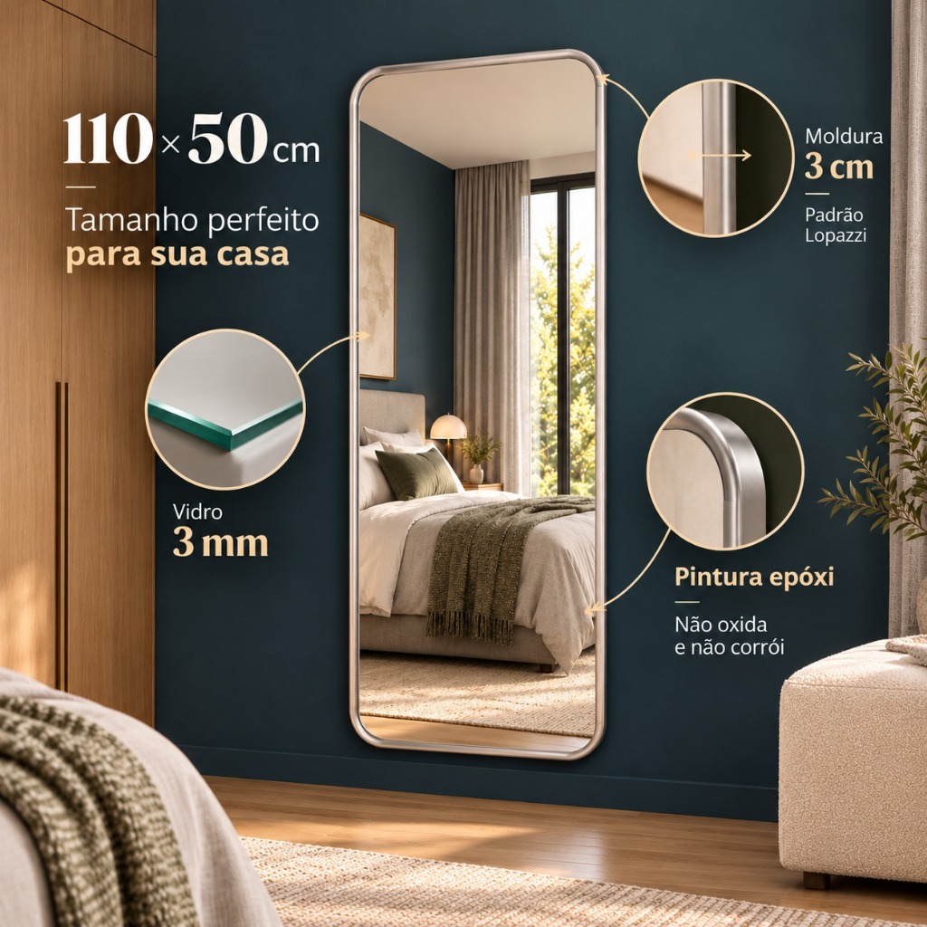 Espelho Lopazzi Retangular Corpo Inteiro Grande 110x50cm Com Moldura de Alumínio Pinterest Decoração — imagem 2 de 2