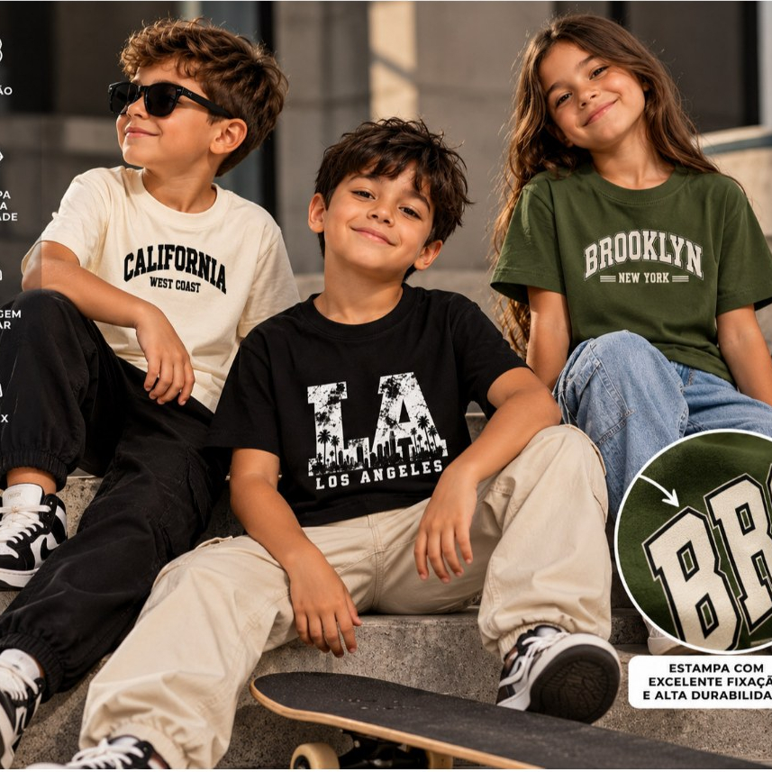 Camiseta Infantil Masculina Feminina Unidade ou Kit 3 Estampadas California Los Angeles Brooklyn Algodão Streetwear