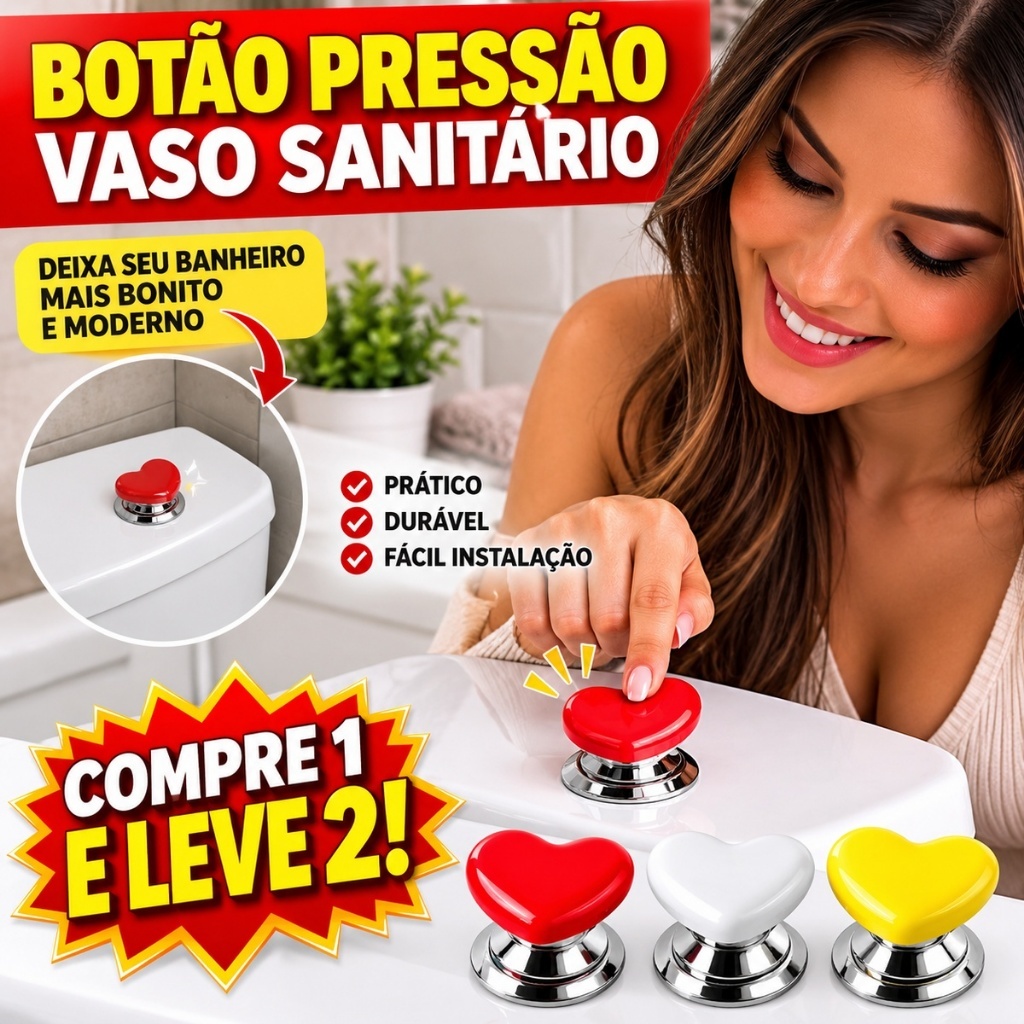 Botão de Pressão Coração para Caixa Acoplada – Compre 1 Leve 2 ! 2 leve 3 ! 3 leve 4
