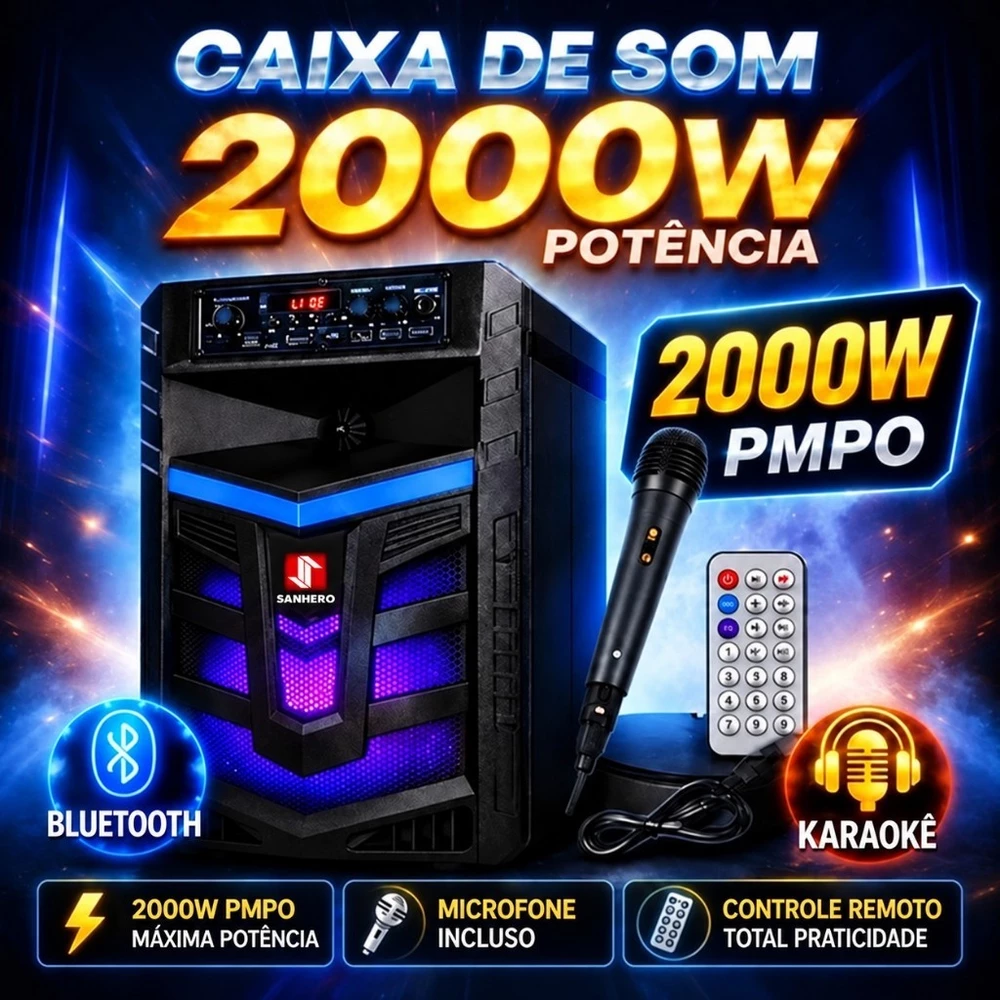 CAIXA DE SOM 2000W COM CONTROLE REMOTO E MICROFONE - FUNÇÕES BLUETOOTH E KARAOKE
