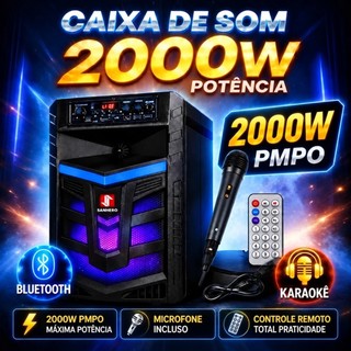 CAIXA DE SOM 2000W COM CONTROLE REMOTO E MICROFONE - FUNÇÕES BLUETOOTH E KARAOKE