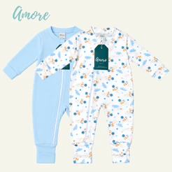 Kit 2 Macacão Longo para Bebê Amore Aviãozinho e Azul Claro Menino 100% Algodão