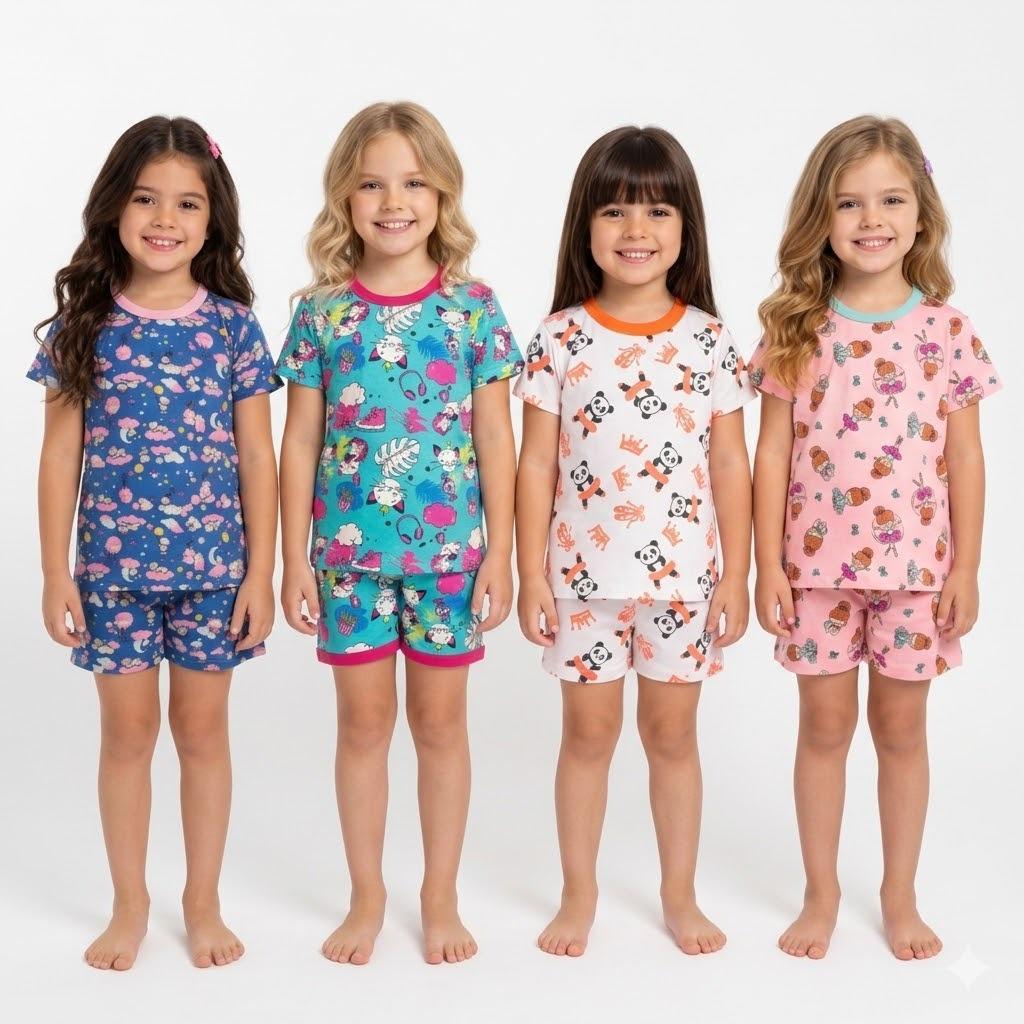 Kit 3 Roupa de Dormir Menina Verão Pijama Infantil 100% Algodão Estampado e Colorido 1 ao 16 anos