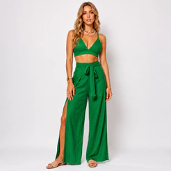 Conjunto Calça Pantalona Envelope Multiuso E Cropped Sutiã Elegante Estiloso