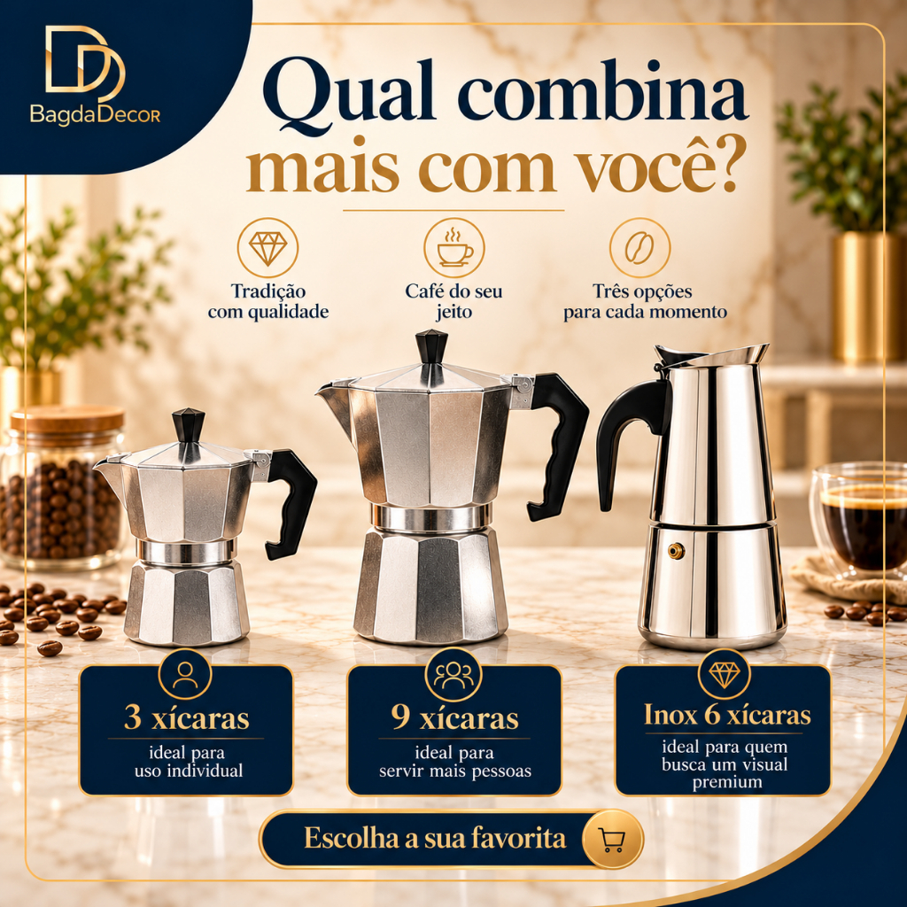 Cafeteira Italiana Moka 3, 6 e 9 Xícaras em Alumínio ou Aço Inox para Café Expresso no Fogão