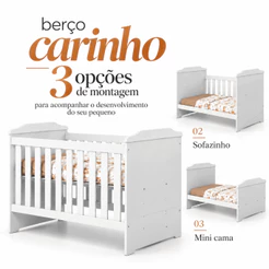 Berço Multiuso Carinho 3 em 1 Branco Vira Mini Cama Bebê Infantil MDF Suporte Mosquiteiro Com Colchão - AV