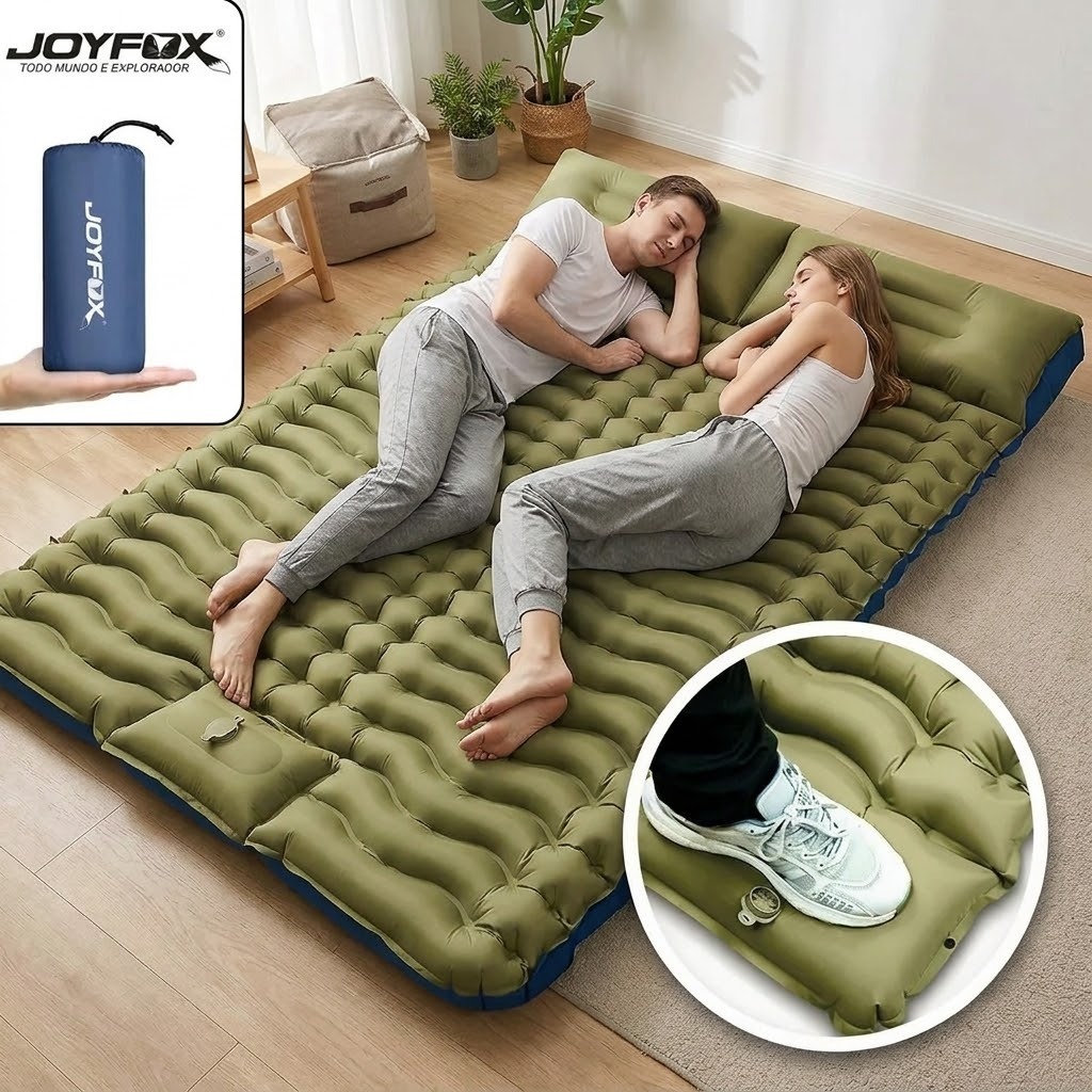 Colchão de Ar Casal Inflável Dobrável 203x136x10cm Impermeável Com Travesseiro Dupla Face Com Inflação a Pé JOYFOX