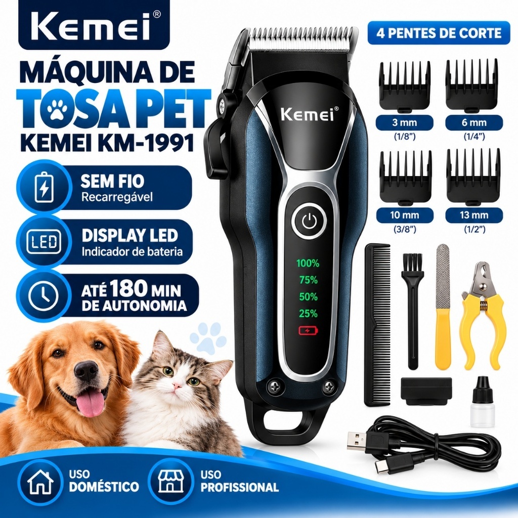Máquina de Tosa Pet Profissional Kemei KM-1991 Sem Fio Cães Gatos Aparador de Pelos
