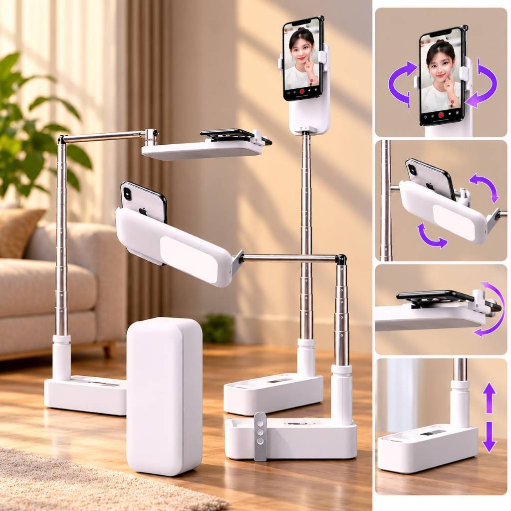 Suporte Para Celular BRANCA Dobrável Ajustável Altura Multifuncional Com Iluminador e Giro 360 com Controle Bluetooth