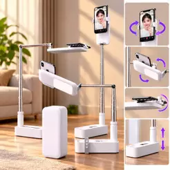 Suporte Para Celular BRANCA Dobrável Ajustável Altura Multifuncional Com Iluminador e Giro 360 com Controle Bluetooth