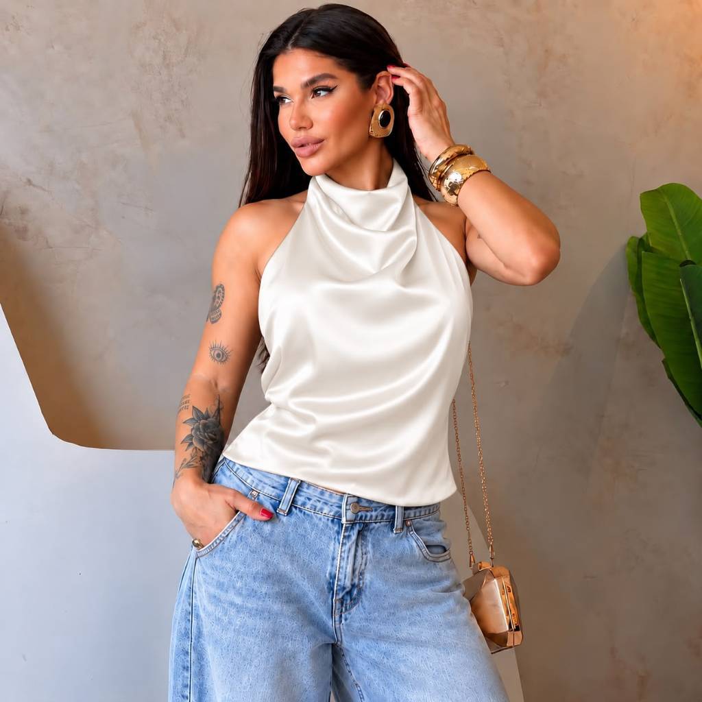 Blusa Feminina de Cetim Gola Boba Drapeada Frente Única Elegante Regata Sofisticada Moda Feminina Look Casual Chic Festa