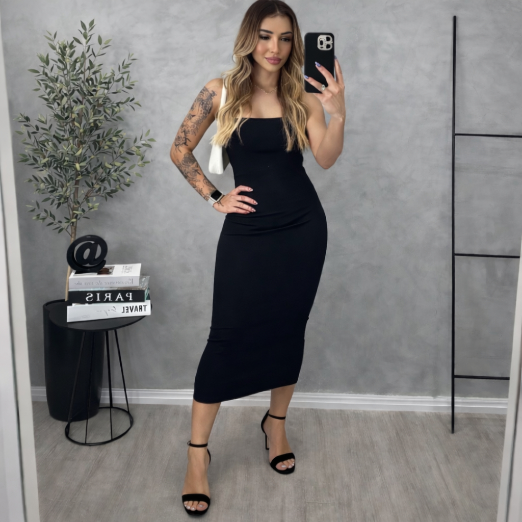 Vestido Midi Tomara que Caia Canelado - Elegância e Conforto em um Único Vestido! TECIDO ANARRUGA!