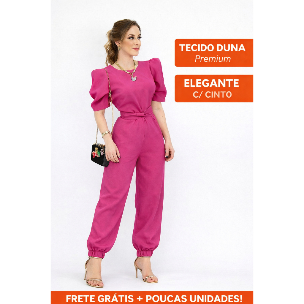 Macacão Feminino Longo Manga Princesa Bufante Duna Com Cinto Elegante em Oferta na Shopee