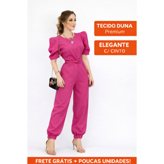 Macacão Feminino Longo Manga Princesa Bufante Duna Com Cinto Elegante em Oferta na Shopee