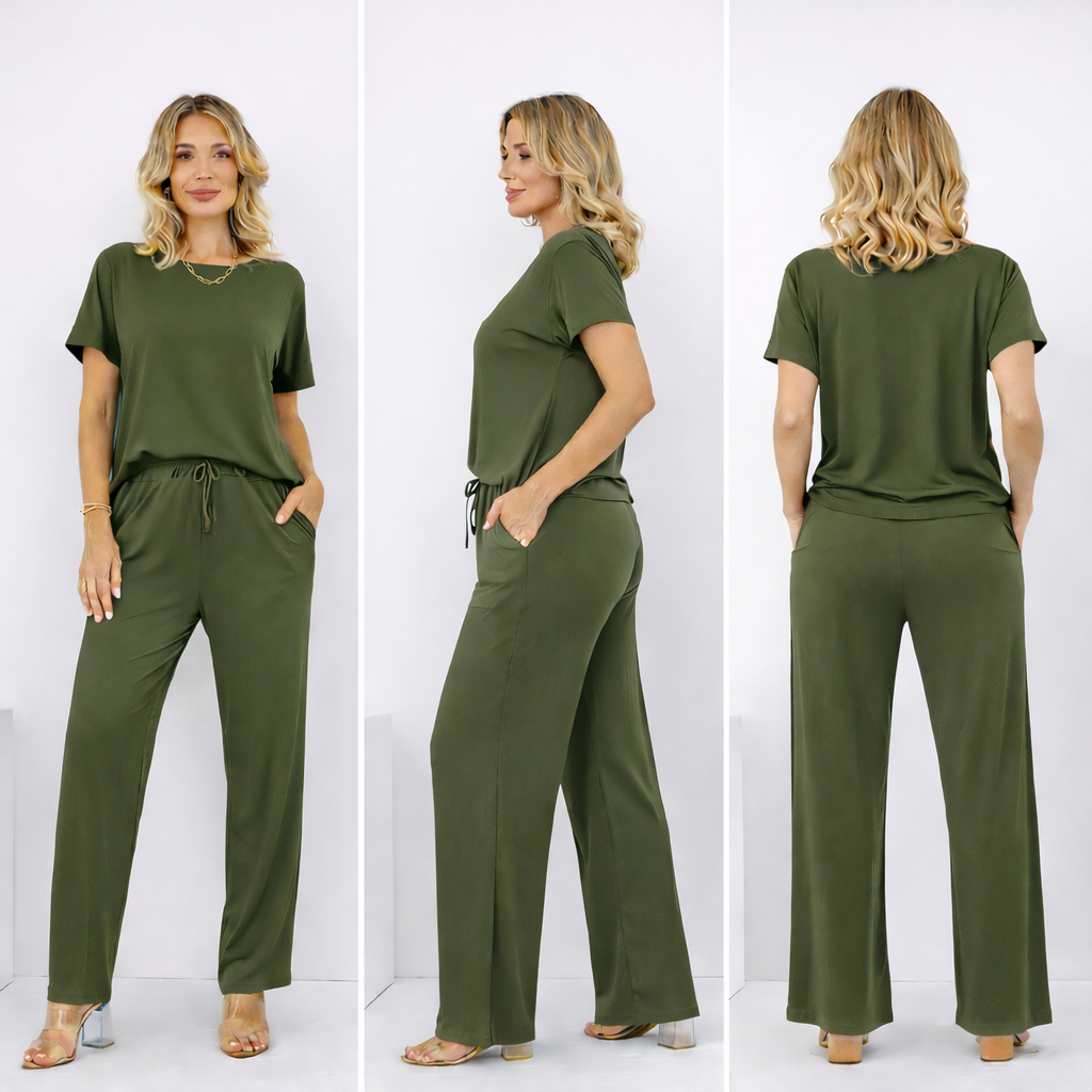 Conjunto Feminino Malha Viscolycra Blusa Canoa e Calça Reta em Oferta na Shopee